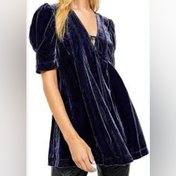 Free People Adelle Blue Velvet Tunic Shirt XSmall - Picture 1 of 16